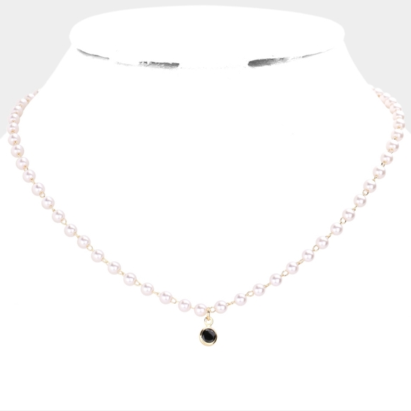 Black Pearl Necklace Round Stone Pendant Link Jewelry Accessory - Picture 3 of 3